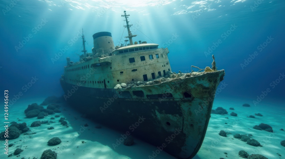 Sunken Ship Wreck Captures Light in Clear Ocean Waters Sunken Ship Wreck Captures Light in Clear Ocean Waters