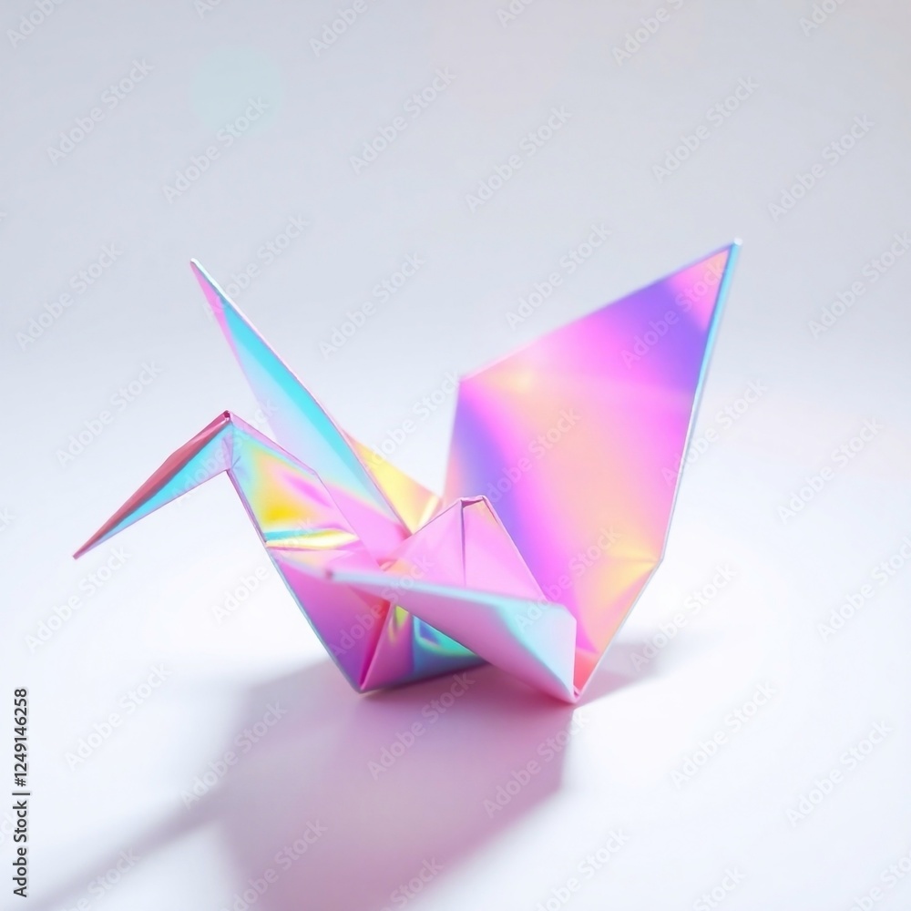 Iridescent origami crane with bright lens flare, sharp folds and creases Iridescent origami crane with bright lens flare, sharp folds and creases