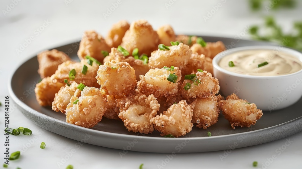 Crispy fried snack served with dipping sauce on a round plate in a bright setting Crispy fried snack served with dipping sauce on a round plate in a bright setting