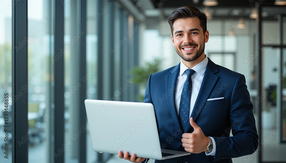 Confident Businessman in Blue Suit Holding Laptop, Giving Thumbs-Up in Modern Office with Natural Lighting Confident Businessman in Blue Suit Holding Laptop, Giving Thumbs-Up in Modern Office with Natural Lighting
