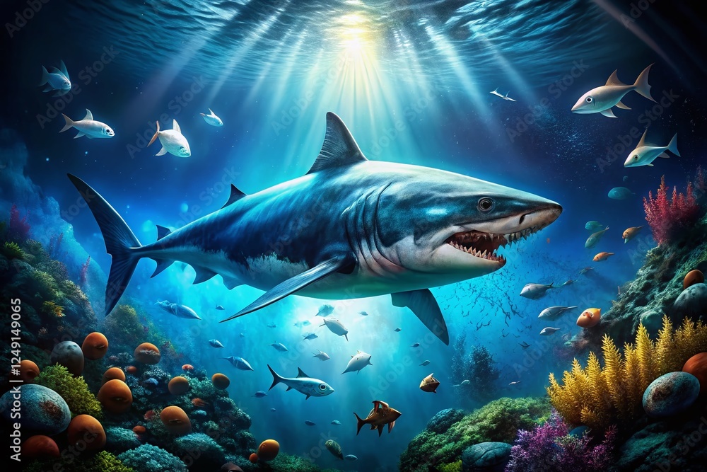 Naklejka premium Prehistoric Megalodon Shark in Deep Ocean Abyss - Surreal Underwater Scene