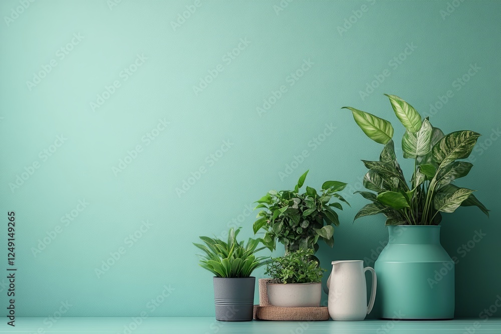 Fototapeta premium A Calming Display Of Indoor Plants Against A Mint Green Wall, Creating A Fresh And Vibrant Atmosphere For Home Decor.