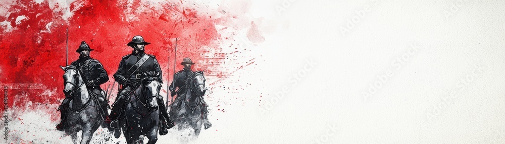 A striking artwork featuring three horsemen in dark attire against a bold red and white background, evoking themes of adventure and history, Casimir Pulaski Day A striking artwork featuring three horsemen in dark attire against a bold red and white background, evoking themes of adventure and history, Casimir Pulaski Day
