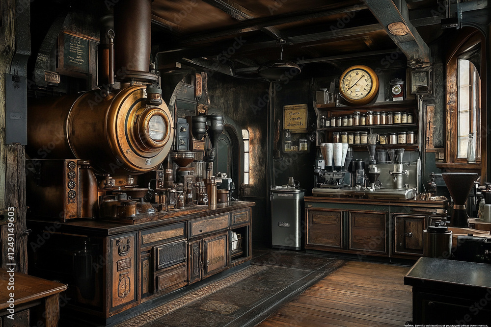 Fototapeta premium Antique coffee roaster in a vintage-style café interior