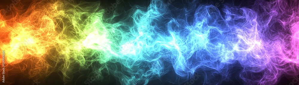 Obraz premium A vibrant, swirling gradient of colors ranging from orange to purple, resembling ethereal smoke or light waves against a dark background.