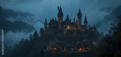 Wallpaper Mural A historic castle perched on a hill, overlooking a small village at night. The castle’s towers are dimly lit by torches, while the village below glows with warm lights from cozy homes. A mysterious fo Torontodigital.ca