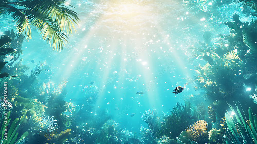 Fototapeta premium Dynamic water splash, bubbles, ripples, underwater light rays and tranquil ocean views