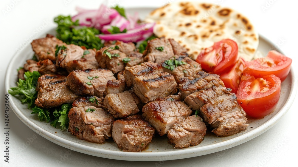Grilled meat cubes, pita bread, tomatoes, onions, and parsley on a plate. Grilled meat cubes, pita bread, tomatoes, onions, and parsley on a plate.