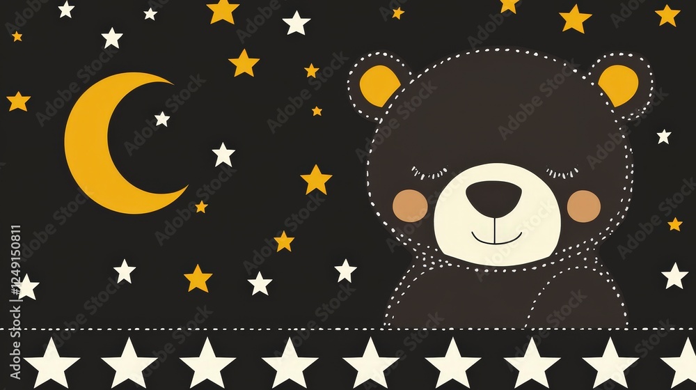 Fototapeta premium Cute Bear with Moon and Stars on Dark Background for Children's Decor