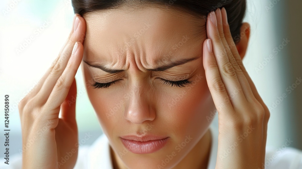 Close-up of an office worker pretending to have a headache. Close-up of an office worker pretending to have a headache.