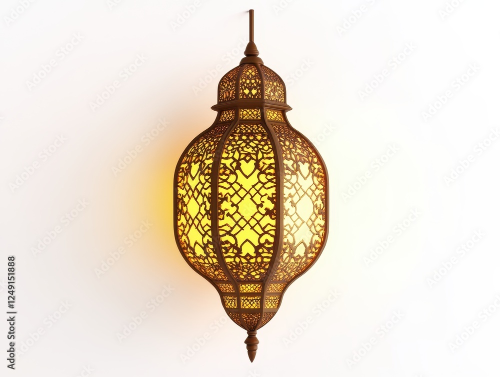 Intricate, illuminated, hanging lantern with arabesque design, isolated on white. Intricate, illuminated, hanging lantern with arabesque design, isolated on white.