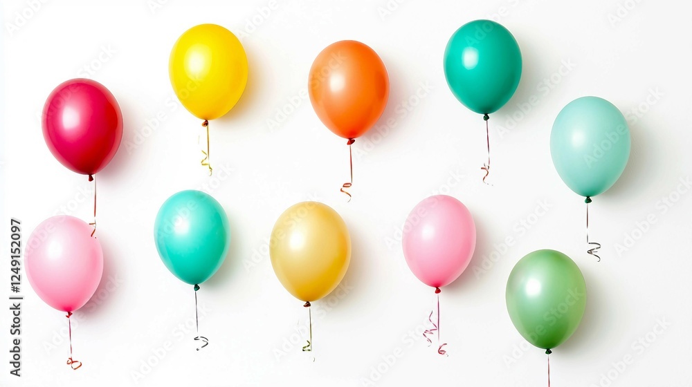 Colorful Balloons in Various Shades Hanging on a White Background Colorful Balloons in Various Shades Hanging on a White Background
