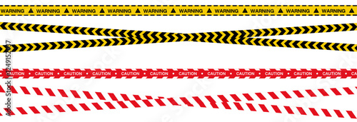 Caution warning tape set for industrial safety, roadwork, construction, and hazard zones. Vector illustration.