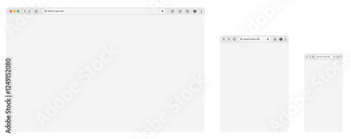 Browser mockups with website windows for desktop, laptop, tablet, and mobile screens. Empty internet template for responsive web design and UI presentation. transparent PNG and vector format.