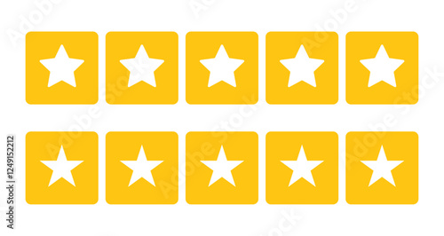 Five stars customer product review icon set,  5-star rating flat icons for apps and websites. Represents quality, customer rating, and feedback in transparent PNG and vector format.