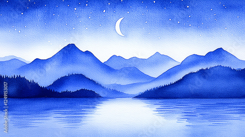 Watercolor night mountain lake scene with crescent moon