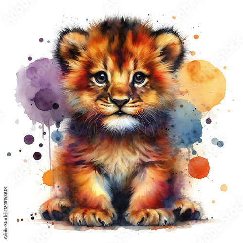 Adorable Watercolor Lion Cub Illustration Perfect for Children's Decor photo