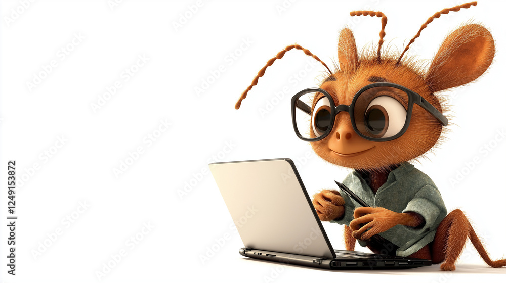 A baby pygmy ant wearing a shirt and glasses, holding a laptop isolated on white background Generated AI Illustration. A baby pygmy ant wearing a shirt and glasses, holding a laptop isolated on white background Generated AI Illustration.