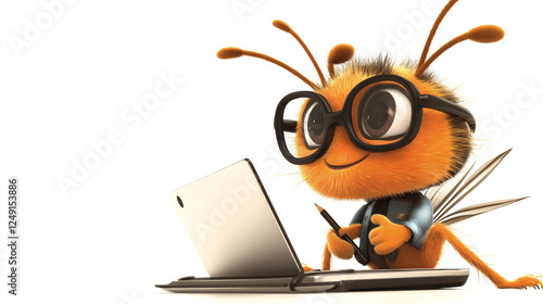 A baby pygmy ant wearing a shirt and glasses, holding a laptop isolated on white background Generated AI Illustration.