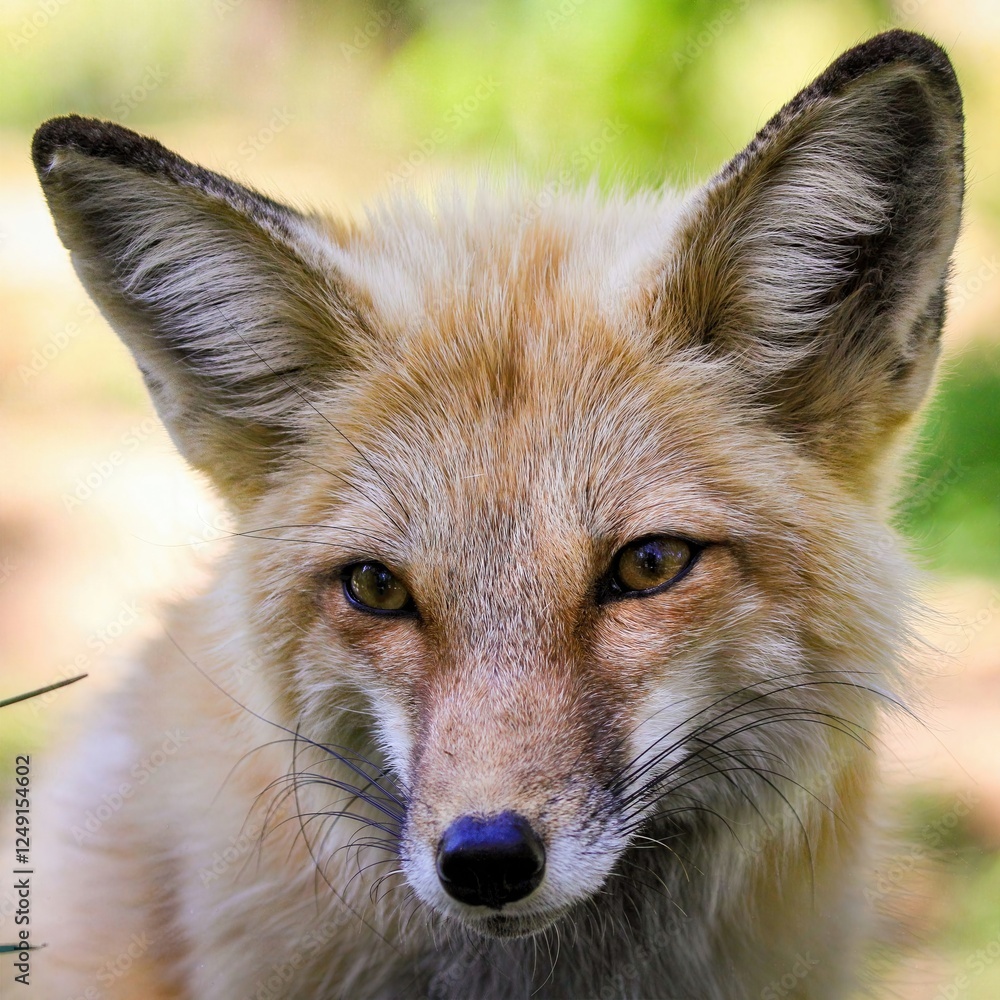 Fototapeta premium Fox Gaze: A fox with captivating eyes and detailed fur, set against a natural backdrop, ideal for wildlife enthusiasts and nature themes. 