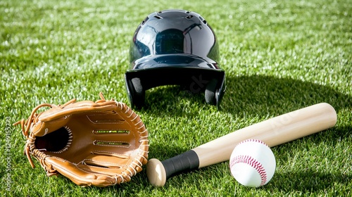 Baseball Equipment on Green Grass Field with Helmet and Bat