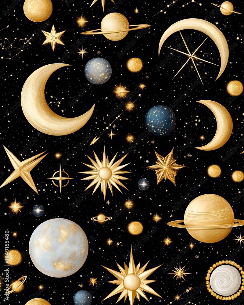 Naklejka premium Seamless pattern of astrological symbols and constellations in metallic gold on black