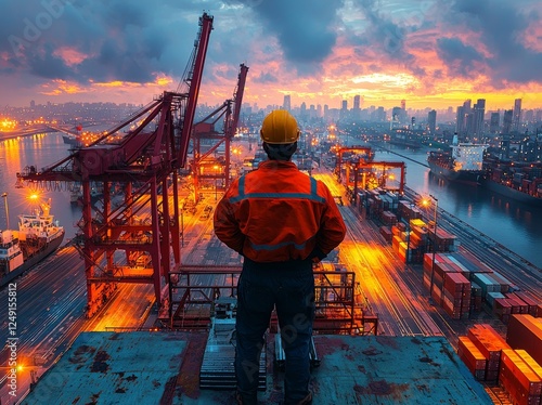 From a high vantage point, a dock worker operates on a cargo crane at Felixstowe, England photo