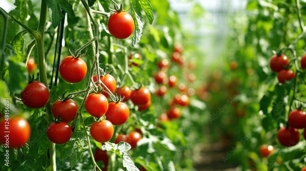 Vibrant red tomatoes growing on lush green vines in a modern greenhouse, showcasing agriculture and sustainable farming practices in a controlled environment Vibrant red tomatoes growing on lush green vines in a modern greenhouse, showcasing agriculture and sustainable farming practices in a controlled environment
