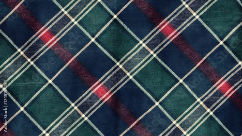 A traditional tartan plaid design with bold contrasting shades of green navy and red