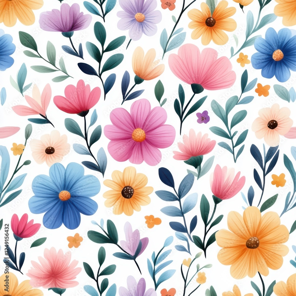 Obraz premium Beautiful colorful floral pattern featuring various flowers and leaves on a white background