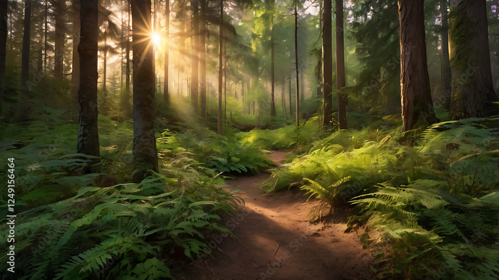 Obraz premium Sunlit in a forest before sunset end of summer