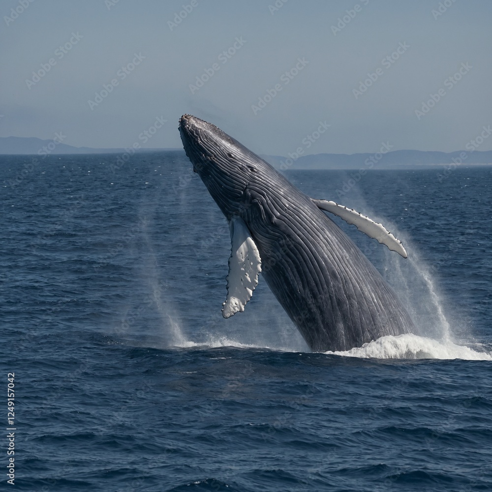 Fototapeta premium A Humpback Whale Breaches the Surface of the Ocean During a Sunny Day in the Pacific humpback tail Ballenas en Puerto Piramides whale jumping in water