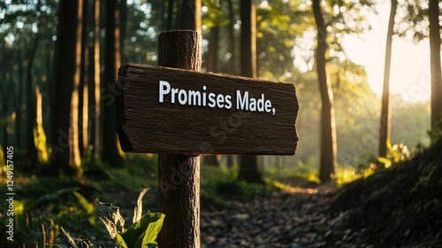 A sign in a forest that says Promises Made, Promises Kept