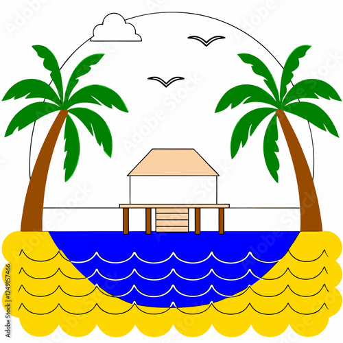 Peaceful Beach Hut Illustration: Tropical Paradise, Palm Trees, Ocean View.