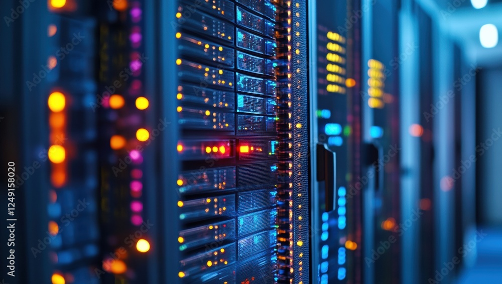 Server room rack glowing with colorful led lights in dark data center Server room rack glowing with colorful led lights in dark data center