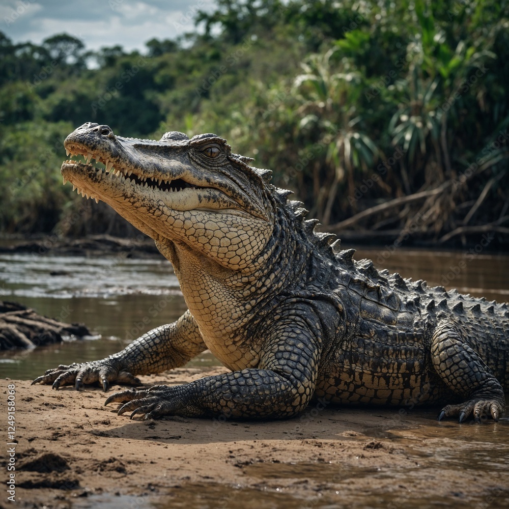 Fototapeta premium A majestic crocodile basking on a riverbank. large alligators cross a trail in Florida park A majestic crocodile basking on a riverbank. A monitor lizard by a riverbank, with crocodiles and water 