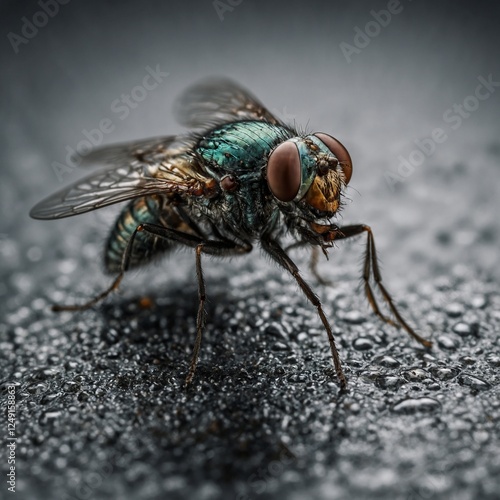 Close-up captures fly, glistening with vibrant green, metallic hues, standing amidst dewdrops. Intricate details of wings, body texture, compound eyes highlighted, showcasing mix of natural beauty. 