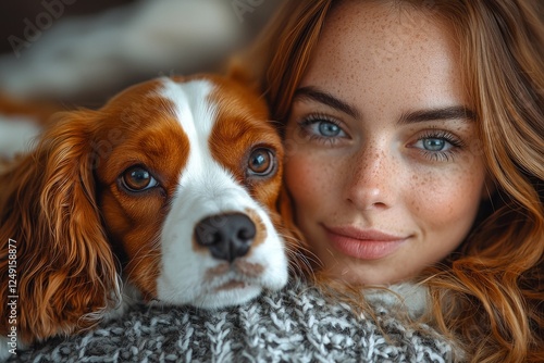 A smiling young woman in the kitchen, accompanied by her Cocker Spaniel, uses her laptop for a video call to her friends and family
