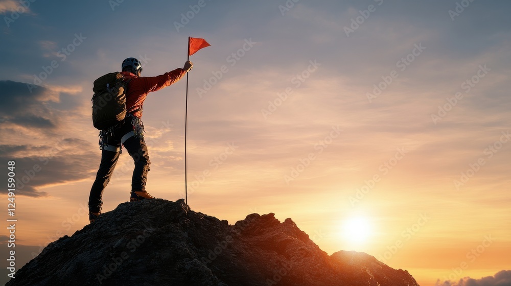 Obraz premium A man standing on a mountain with a red flag in his hand