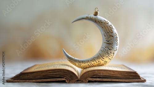 Decorative crescent moon ornament placed on an open ancient book with intricate designs, showcasing cultural artistry and symbolism photo