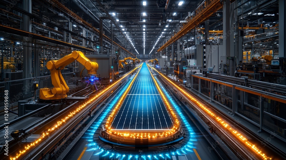 A modern bright factory hosts an orange industrial robot arm at a production line, where solar panels are being assembled on a conveyor. It's an automated manufacturing facility A modern bright factory hosts an orange industrial robot arm at a production line, where solar panels are being assembled on a conveyor. It's an automated manufacturing facility