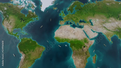 World map with logistic network distribution on background. Logistic and transport concept in front Logistics Industrial Container Cargo freight ship for Concept of fast or instant shipping,  3D