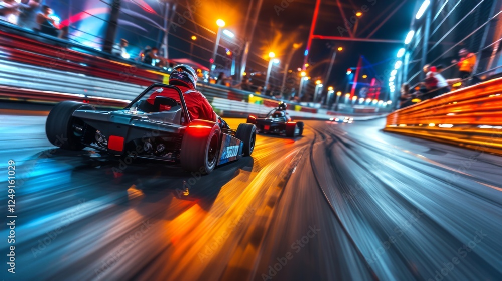 Two go karts speed around a brightly lit track during a thrilling night racing event, surrounded by spectators enjoying the electrifying atmosphere and excitement of the competition.