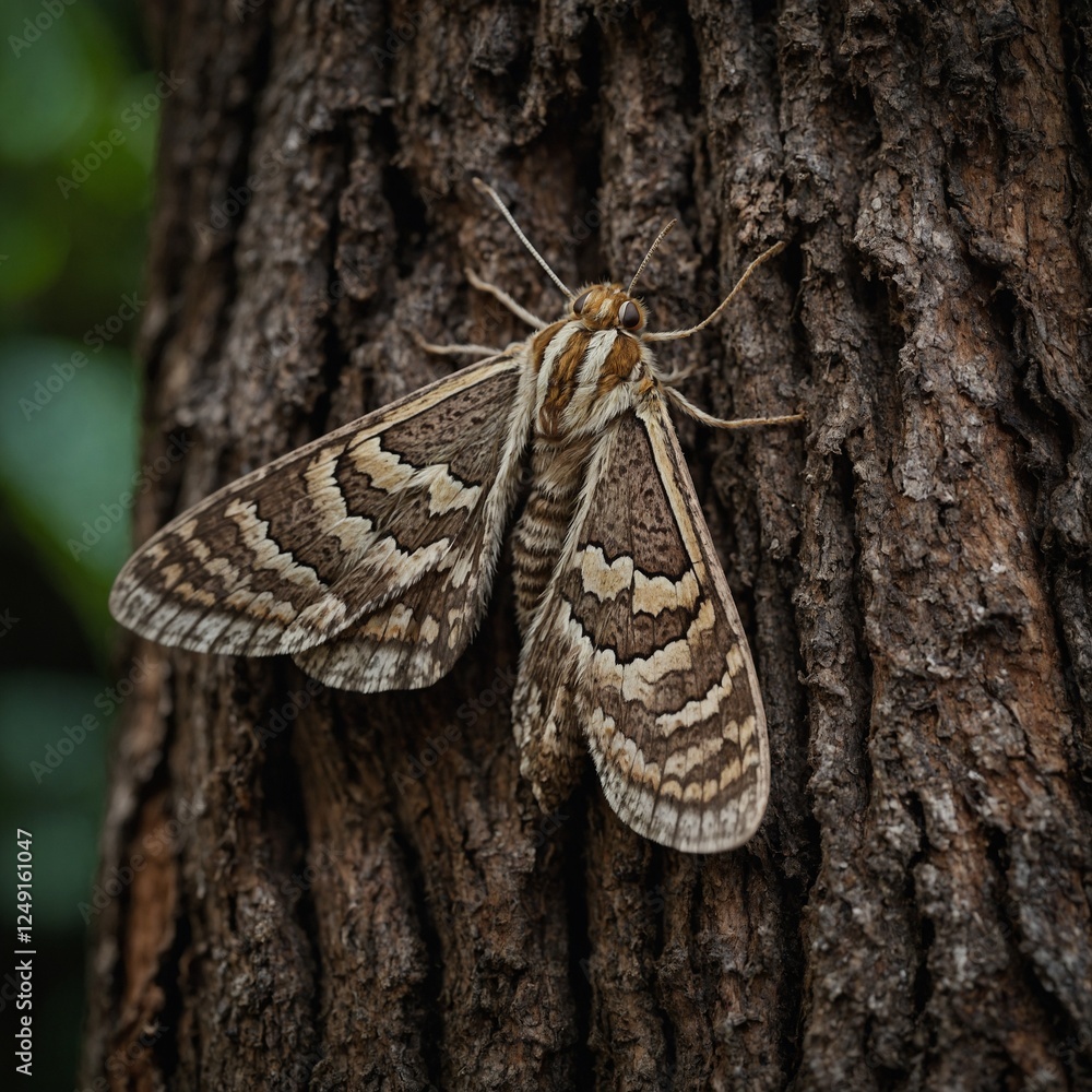 Bizzarre moth around cobweb in a trunk A moth resting on an ancient tree trunk in a foggy, serene forest. A detailed image of a moth resting on textured bark.