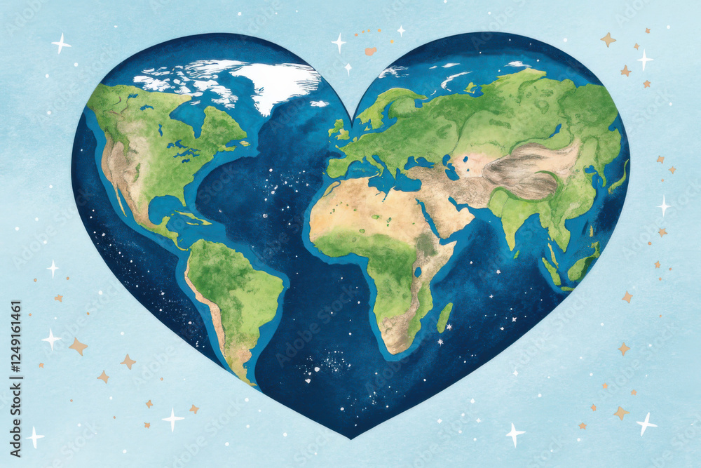Fototapeta premium Heart-shaped earth illustration surrounded by stars on a blue background, Day of Peace