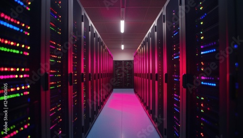 Server cabinets illuminating data center with colorful lights in modern network infrastructure