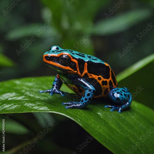 Lebensechte Tierfotografie: Makroaufnahme eines exotischen Pfeilgiftfrosches in seinem natürlichen Habitat Beautiful and Vibrant Mimic Poison Frog photo