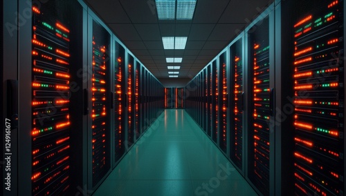 Server cabinets storing digital information inside a modern data center