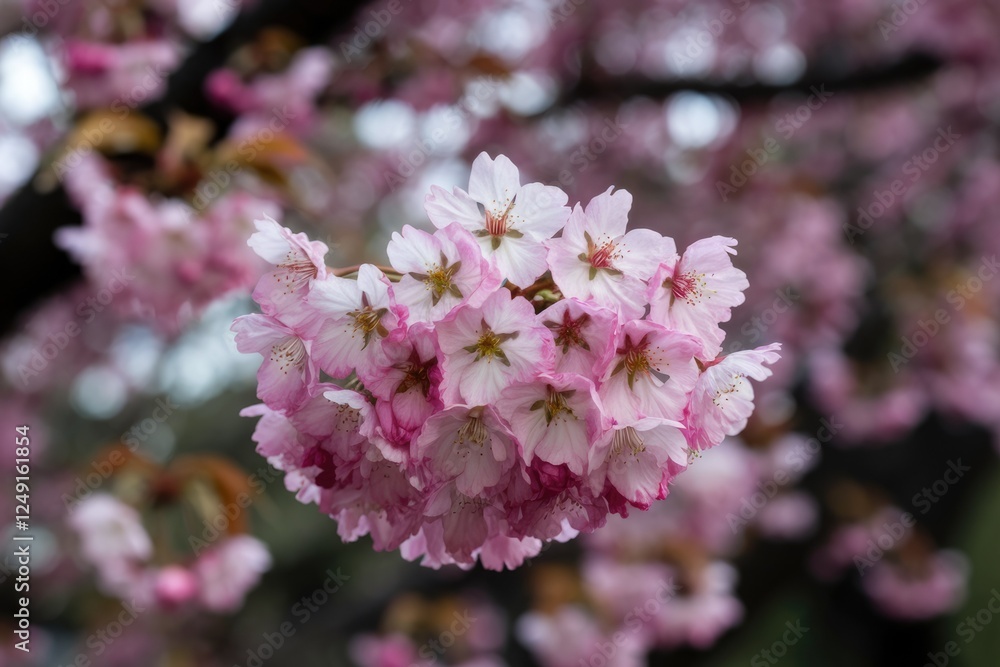 A cluster of delicate pink cherry blossoms, blooming in spring, showcasing their vibrant petals. A cluster of delicate pink cherry blossoms, blooming in spring, showcasing their vibrant petals.