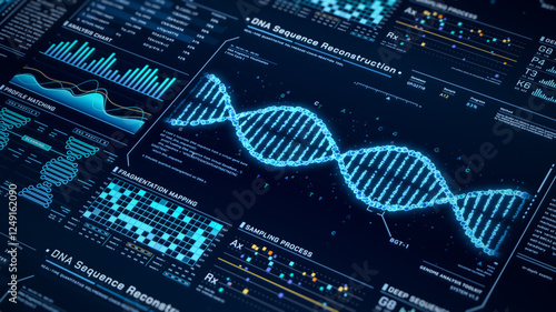 DNA Helix analysis visualization data, genome sequence ui screen, futuristic genetic engineering lab infographic interface, 3D biotechnology scan report dashboard, medical science technology backgound